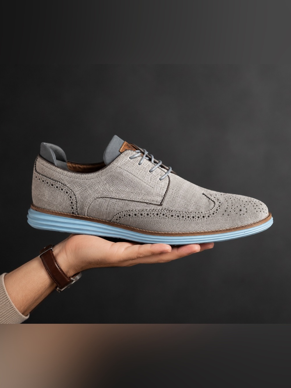 Martin Dingman Light Gray Wingtip Derby with Light Blue Sole